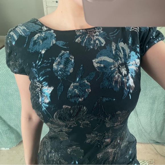 Calvin Klein Blue Floral Sequin Dress With Cowl Back Detail - Picture 9 of 14